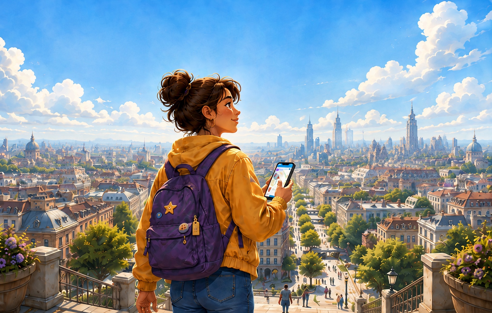 SideQuest adventurer holding the SideQuest app overlooking a sunlit city